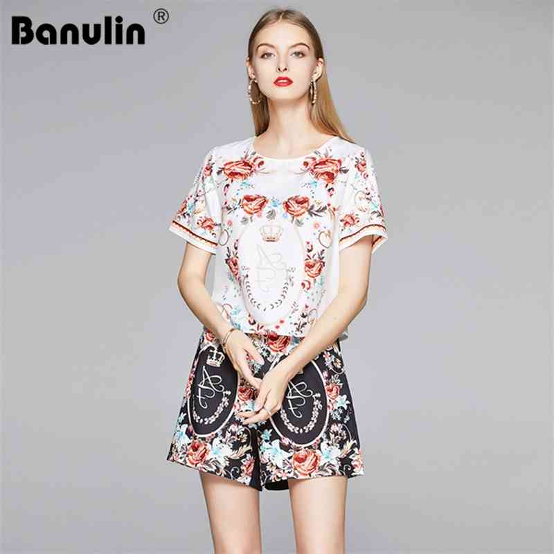 

Runway Summer Two Piece Set Women's Short Sleeve O-Neck Floral Print Shirt Tops + Vintage Mini Wide Leg Shorts Suit Outfits 210603, White