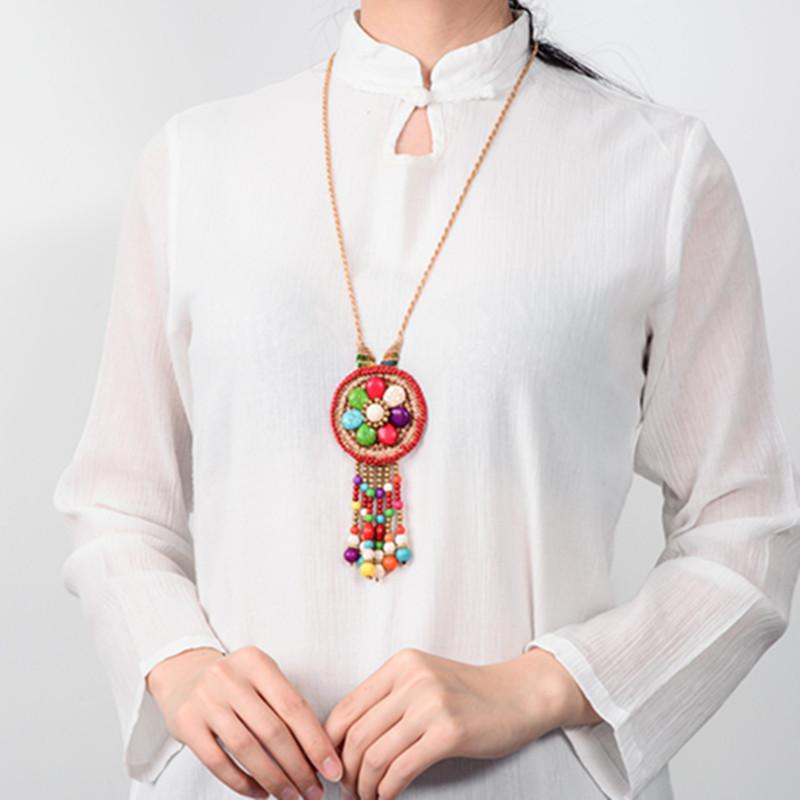 

Pendant Necklaces Ethnic Style Turquoise Long Sun Flower Necklace Female Handmade Wax Thread Woven Vintage Ornament XL005-36, Silver