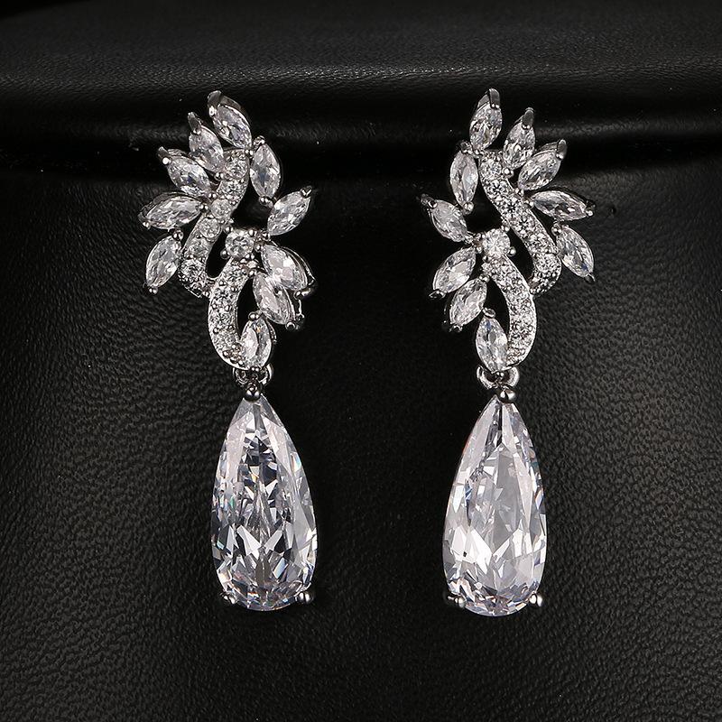 

Dangle & Chandelier Ekopdee Classic White Color Water Drop Zircon Earrings For Women Luxury Crystal Leaf Earring Engagement Wedding Jewelry, Silver