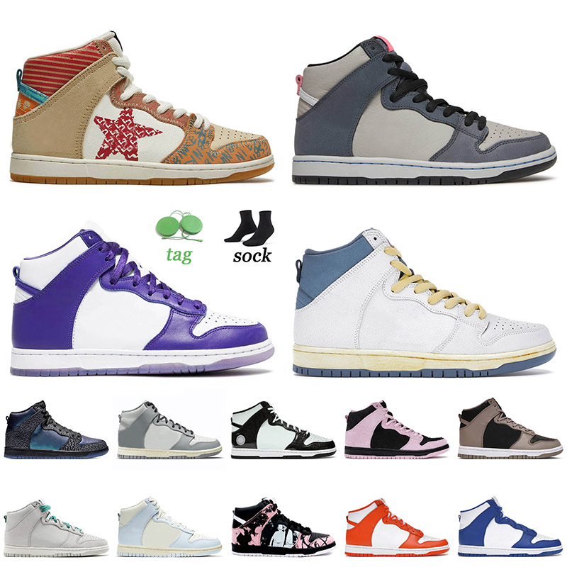 

What The SB Dunks High Casual Shoes Medium Grey Moon Fossil Varsity Purple Rubber Green Strike Black Hornet Mens Women Tennis Sneakers Trainers 36-45