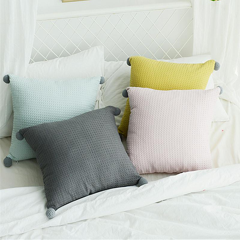 

Green Yellow Pink Cushion Cover Cotton Waffle Pillow Cover with Pompom Ball 45x45cm For Sofa Car Home Decoration Living Roon