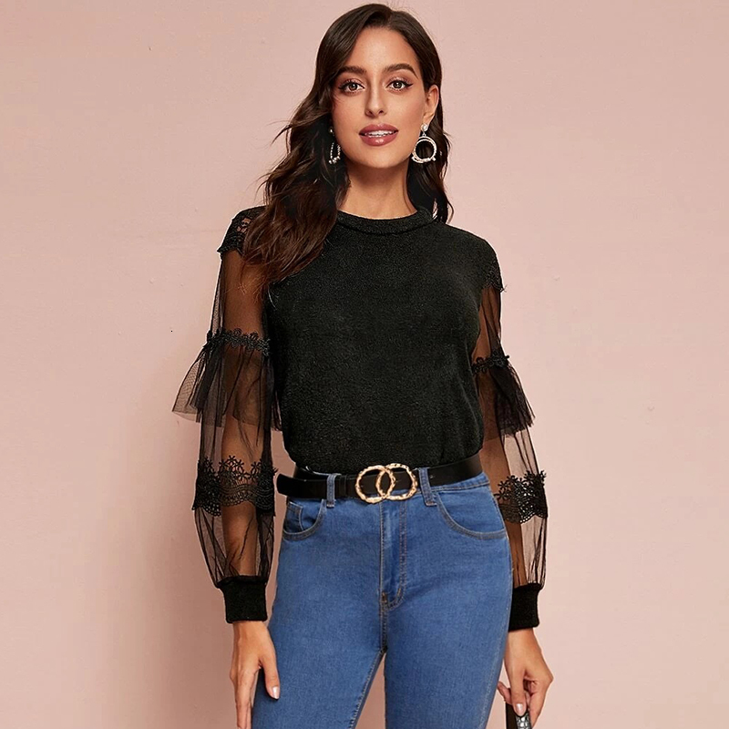 

2021 New Stylish Chic Perspective Mesh Stitching Lace Long Sleeved Autumn Knit Casual O-neck Women t Shirts Office Lady Zs03, Red