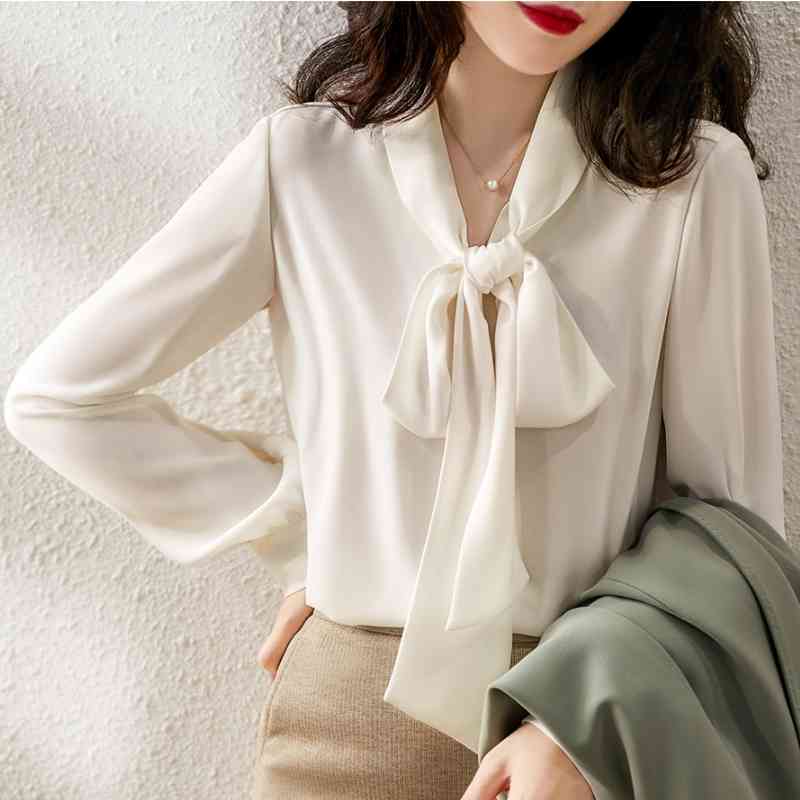 

Women Long Sleeve Shirts White Blouses Vintage Korean Spring Sweet Bow Loose Ladies Chiffon Blouse Office Lady 210603, Black