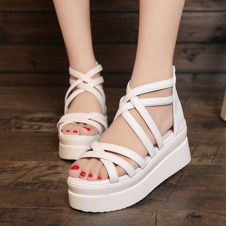 

Sandals Gladiator Women's Thick-soled Roman High Heel Fashion Zipper Summer Round Head Women Shoes 639, White
