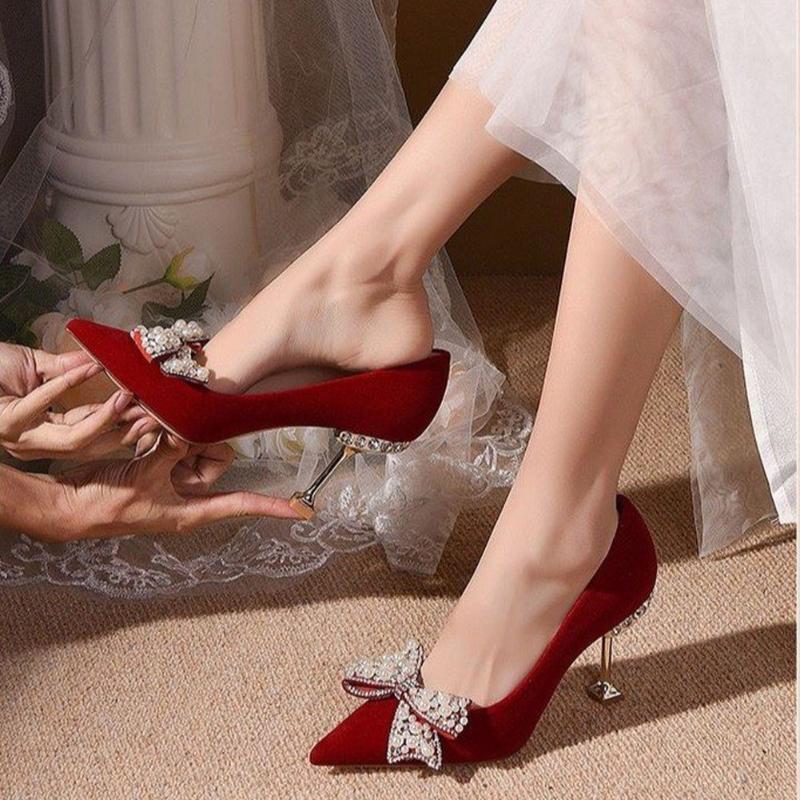 

Dress Shoes 2022 Fashion Spring Summer Red Sexy Pumps High Thin Heels Crystal Butterfly Knot Elegant Women Party Office Weeding