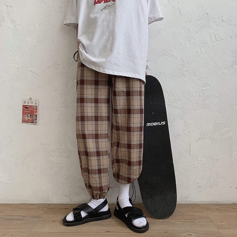

2021 New Men's Straight Plaid Printing Cargo Casual Loose Handsome Wide Leg Pants Streetwear Khaki/green Color Trousers M-xl G9ue