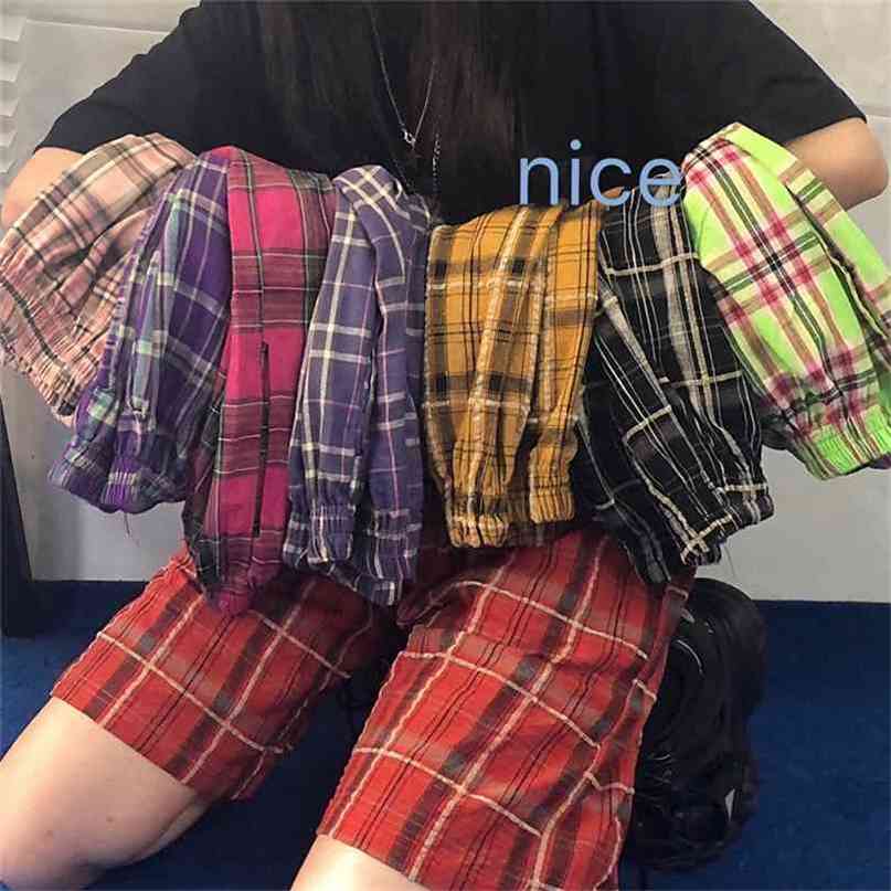 

Japanese Harajuku Retro Plaid Summer Shorts Women Hip Knee Length Fashion Lace Up High Waist Wide Leg Girls 210722, Style 03