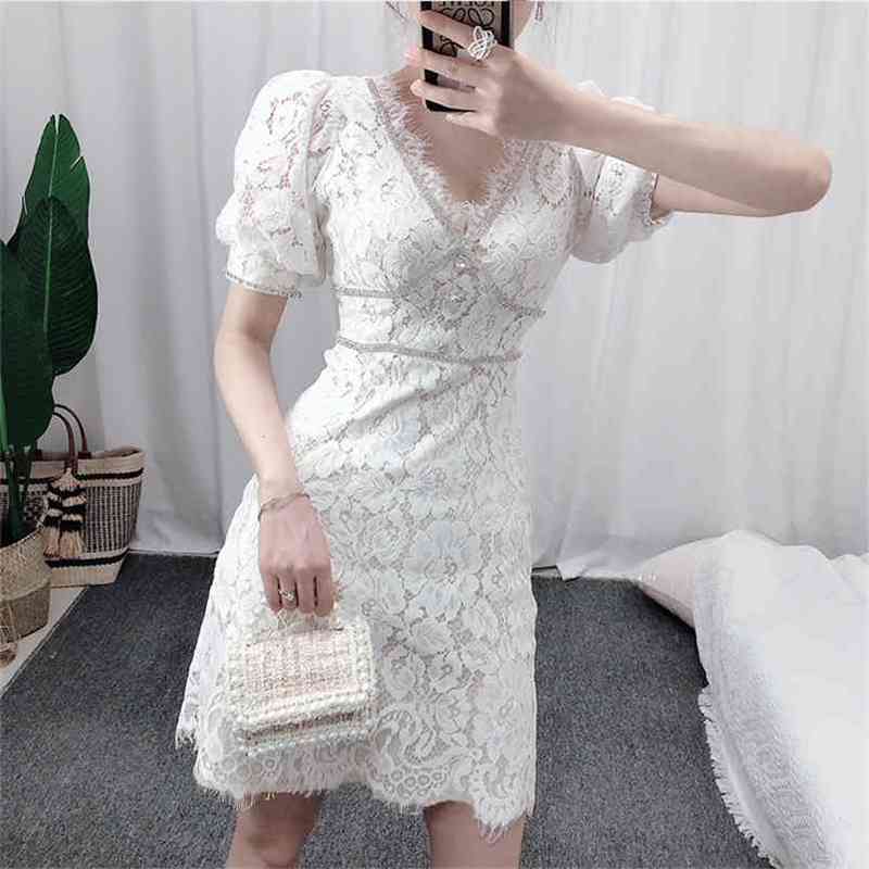 

French Summer Women's Elegant Slim Hollow Out Party Diamond Beaded Mesh Lace Vintage High Quality Dress Vestido 210603, Picture color