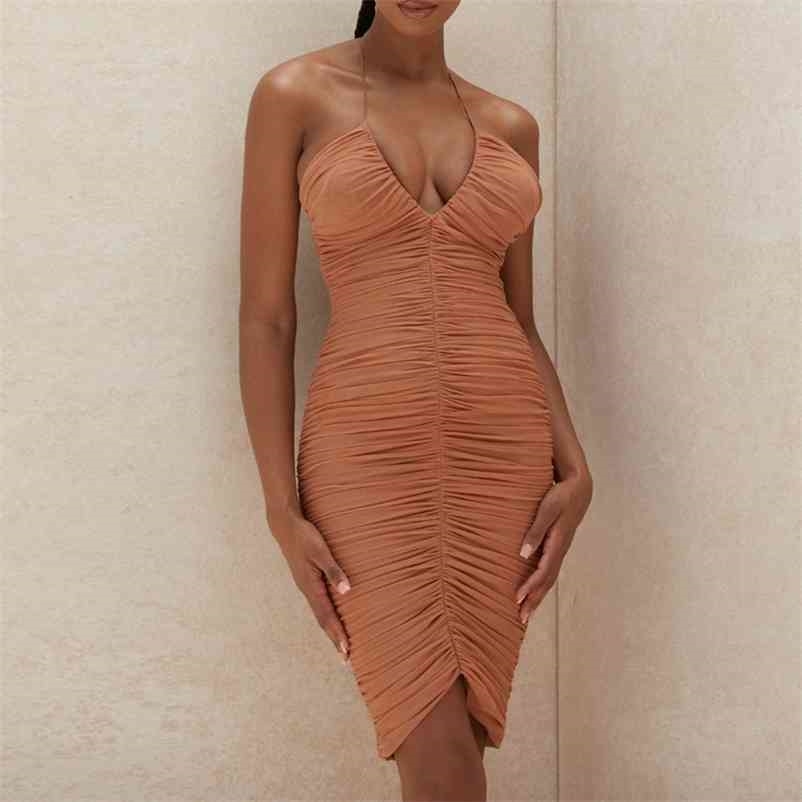 

Women Brown Open Back Mesh Halter Short Dress Sleeveless High Waist Fashion Spring Summer 11B073 210525