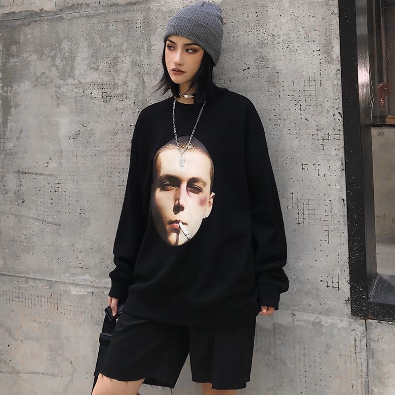 

European and American style boy big head men and women round neck pullover sweater loose long sleeve hoodie 2021, Black