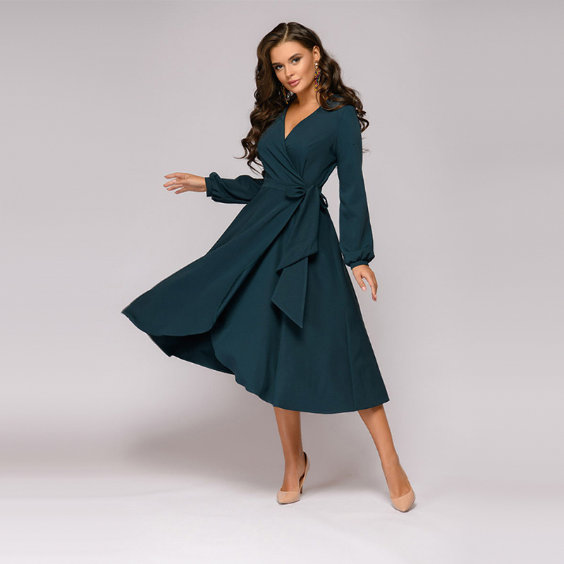 

2021 Women Vintage Sashes Bandage Office Long Sleeve Sexy v Neck Solid Casual A-line Party Autumn New Fashion Mq8s, As picture