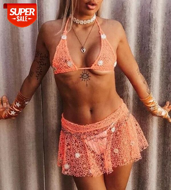 

Summer Sexy Women Two-piece Bandage Crochet Bikini Sets Push Up Lace Up Halter Beach Swimwear Bathing Suit Beachwear Costume #wQ77, White;black