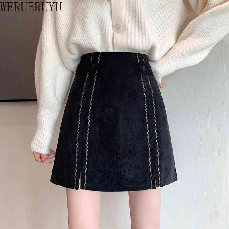 

WERUERUYU Winter Corduroy Women's Skirts Vintage High Waist Button Fashion Office Lady Casual Slim Women's Long Skirt Female 210608, Photo color