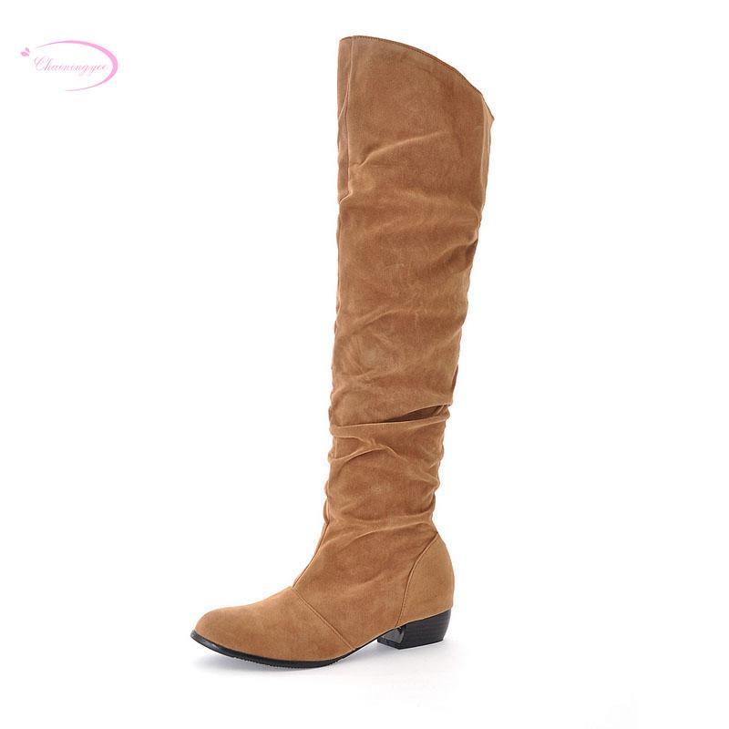 

Chainingyee sweet style comfortable autumn knee high boot fashion fold slip gray brown yellow low heel black women riding boots