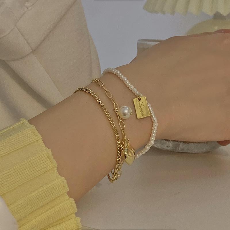 

Link, Chain Korean Fashion Simple Personality Pearl Love Multi-layer Bracelet For Ladies Hand Ornaments