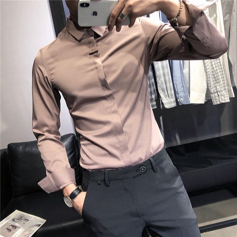 

Men's Casual Shirts 2021 Fashion Men Shirt Long Sleeve Solid Formal Business Slim Fit Man Dress Social Turn-Down Collar Blouses O227, White