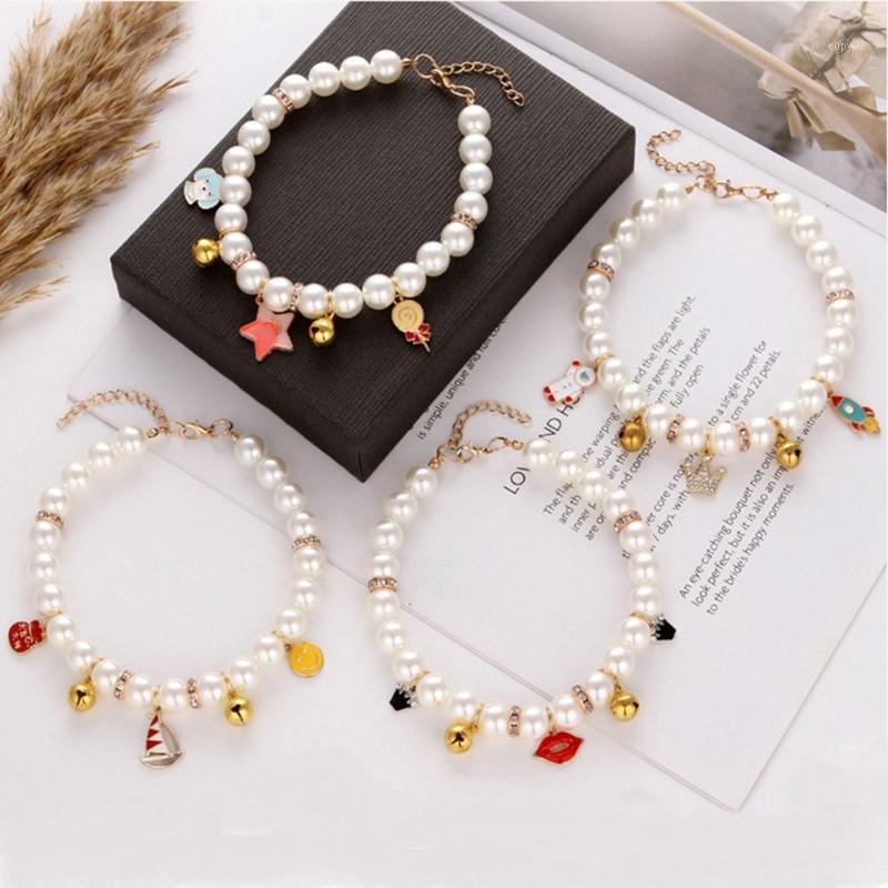 

Cat Collars & Leads Rhinestone Necklace Imitation Pearl Neck Chain With Bells Collar Dog Pet Accessories Pendants