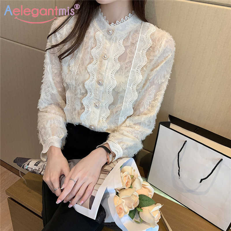 

Sungtin Lace Blouse Pearl Button Women Elegant Shirt Chiffon Hollow Out Patchwork Femme Blusas Petal Sleeve 210607, As shown