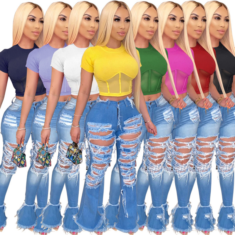 

2021 Sexy Fashion Women T-shirt Summer New High Waist Tops Hollow Out Short Sleeve Tight Clothes, Taro purple