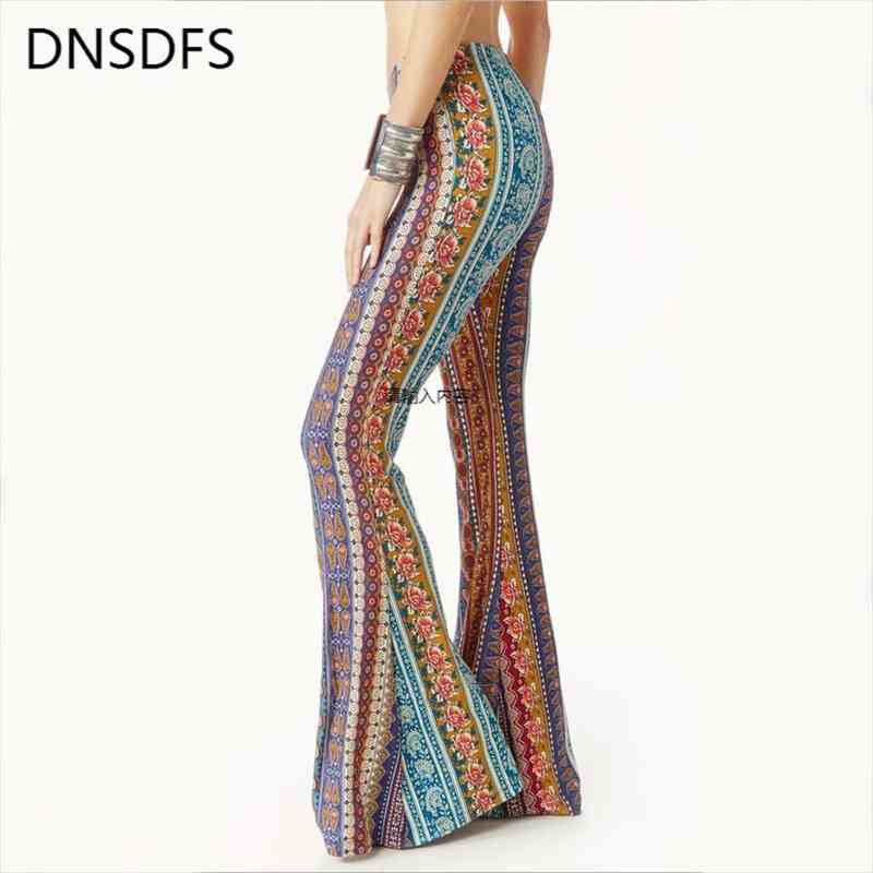 

Spring Autumn Bell Bottom Pants Women Streetwear Flare Pants Beach Trousers Ladies Fashion Elastic Print Slim, Black;white