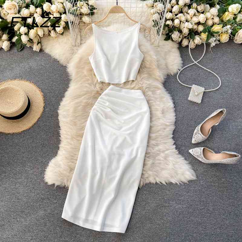 

Fashion Women Two Piece Sets Summer Sleeveless Sexy Crop Tops and Midi Wrap Skirt Outfits Ladies Elegant 2 Pcs Suits Clothes 210602, White