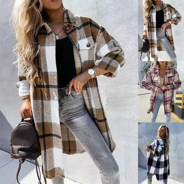 

Women' Wool & Blends Plaid Flap Detail Drop Shoulder Button Up Shacket