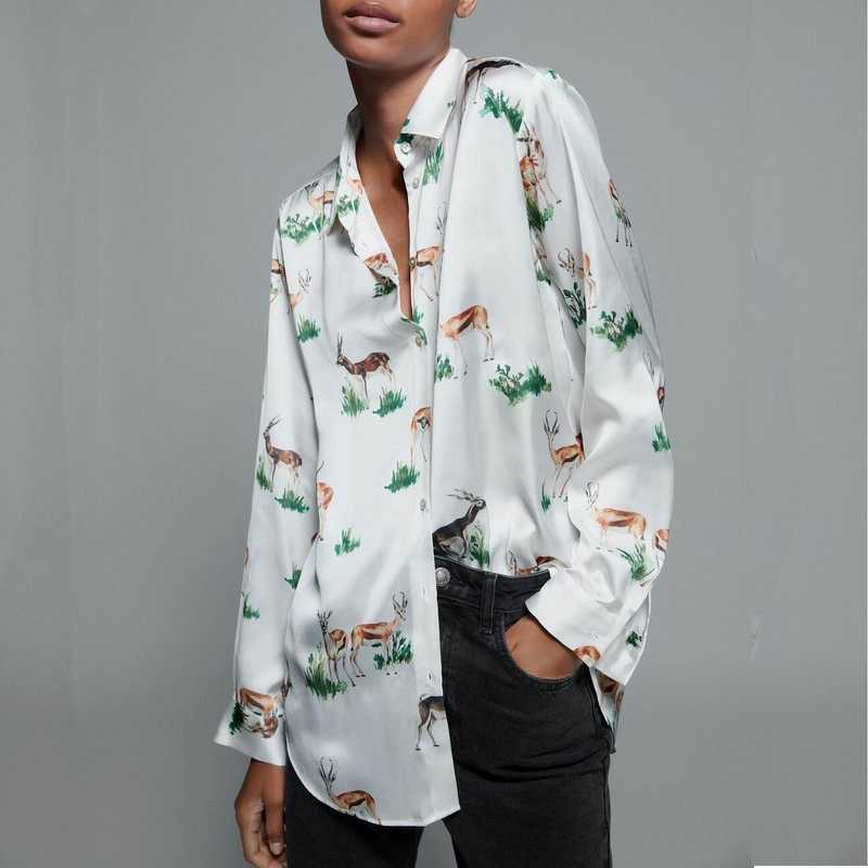 

Women Loose Shirt Spring Fashion Long Sleeve Animal Deer Prints Modern Lady Blouse Wholesale Clothing 210602, White