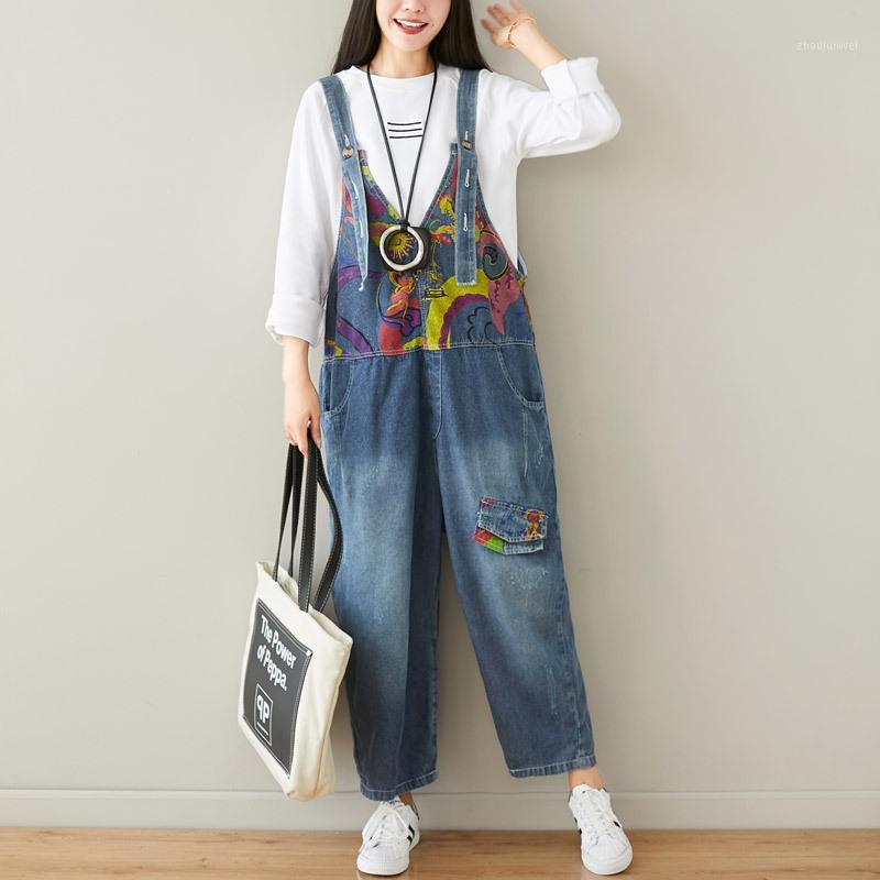 

Women's Jumpsuits & Rompers Autumn Literary Splicing Retro Affixed Cloth Torn Jeans Personality Big Yards Wide Leg Overalls, Blue