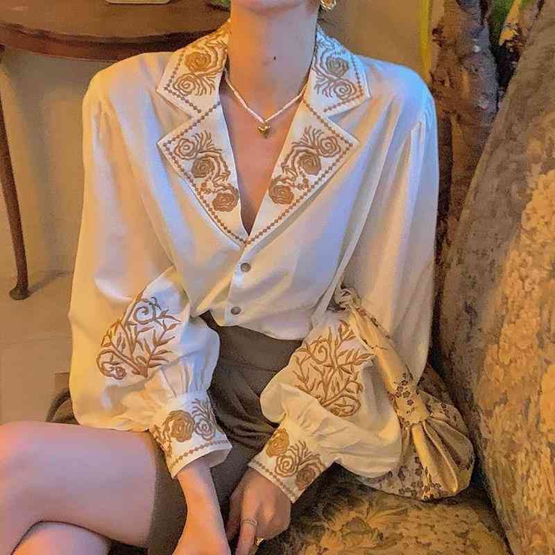 

Retro Silk Spring Autumn Full Style Lantern Sleeve Notched Shirts Tops 210615, Apricot