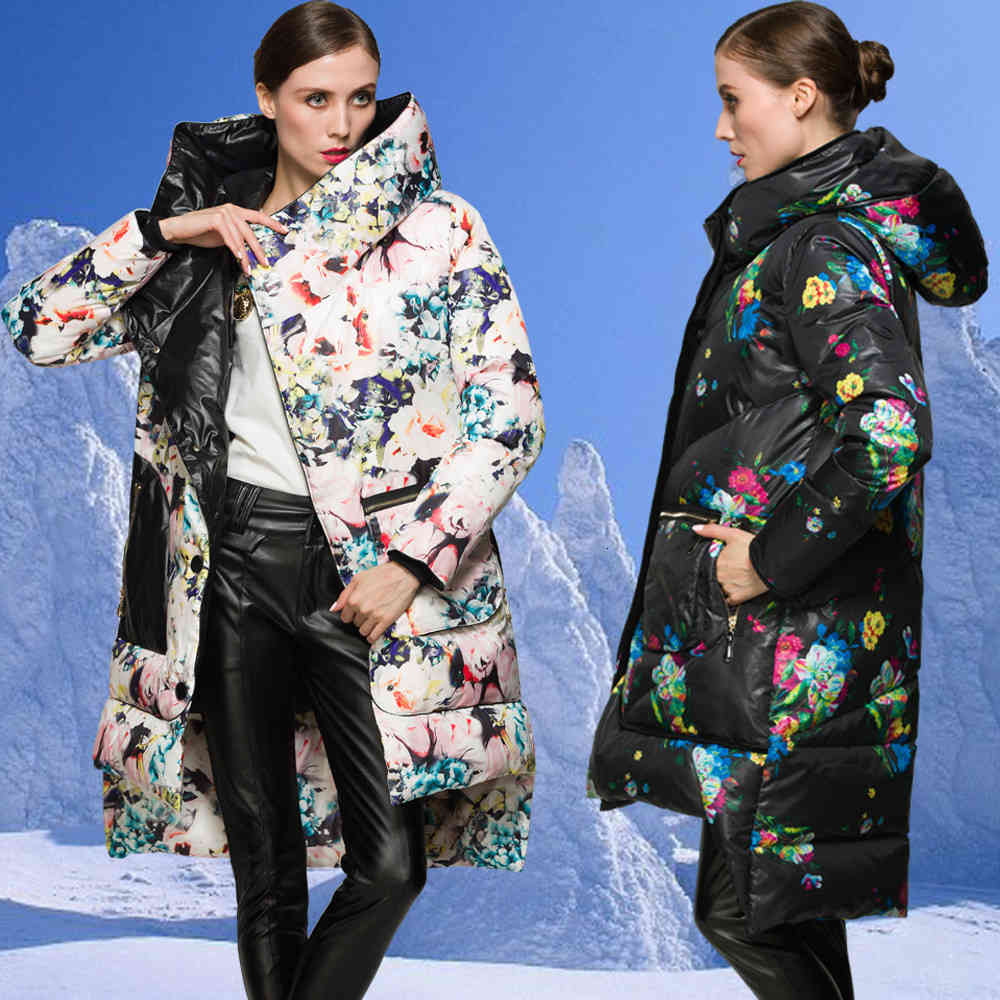 

down jacket winter printed medium and long show women's irregular fashion design, Black