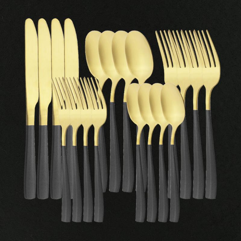 

Dinnerware Sets 20Pcs Stainless Steel Dinner Black Gold Set Knife Fork Coffee Spoon Cutlery Kitchen Tableware Silverware, Silver