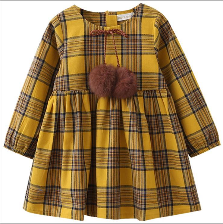 

Baby Girls Plaid Print Midi Dress with Balls Bowknot Long Sleeve O-neck Back Zipper High Waist A-line Dresses for Spring Autumn, Yellow