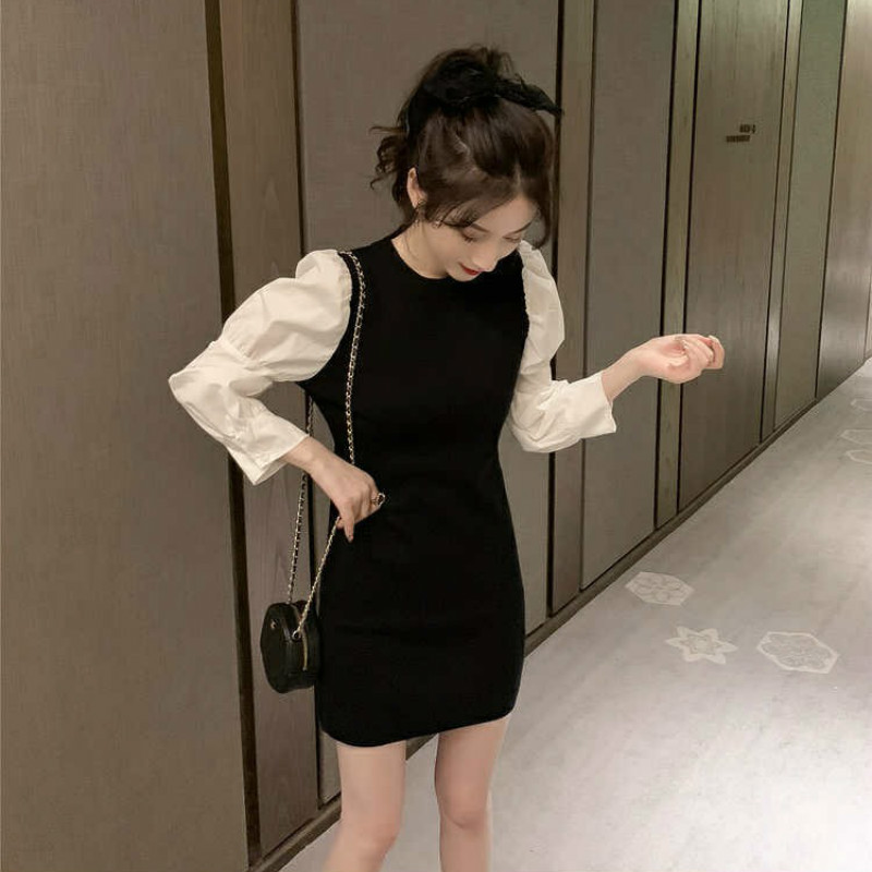 

Knitted One-piece Dress Korean French Vintage Elegant Long Sleeve Black Mini Dress Party Bodycon Ladies Dresses 2021, Black;gray