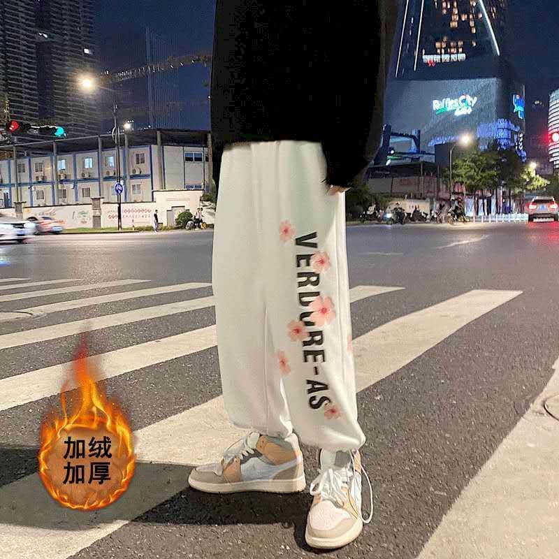 

Sportswear Pants Winter Thicken Sakura Print Sweatpants Women Men's Korean Trend Loose Straight Leg Harem Bunch 210526, White