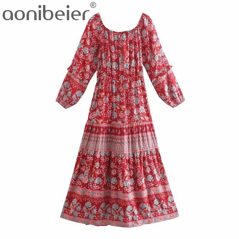 

Spring Bohemian Fashion Square Collar High Waist Long Sleeve Printing Loose Elegant Dres Urban Chic 210604, Green