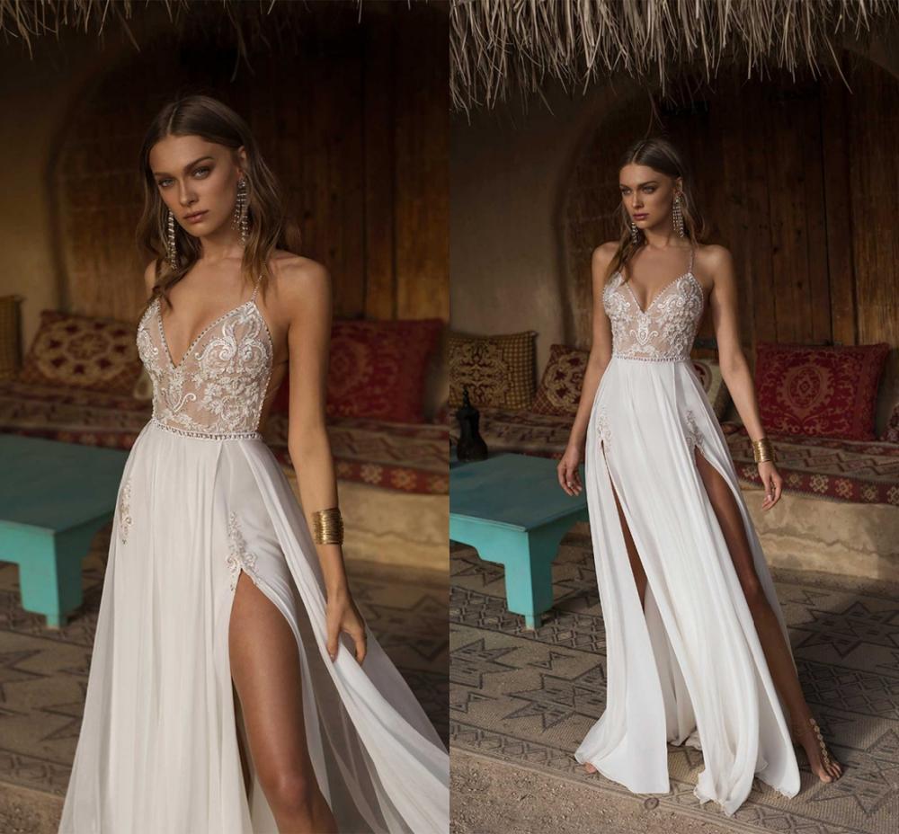 

2021 New Boho Bridal Sexy Side Slit Beach Wedding Es V-neck Spaghetti Straps Weeding Gowns Vestido De Noiva J2n3, White