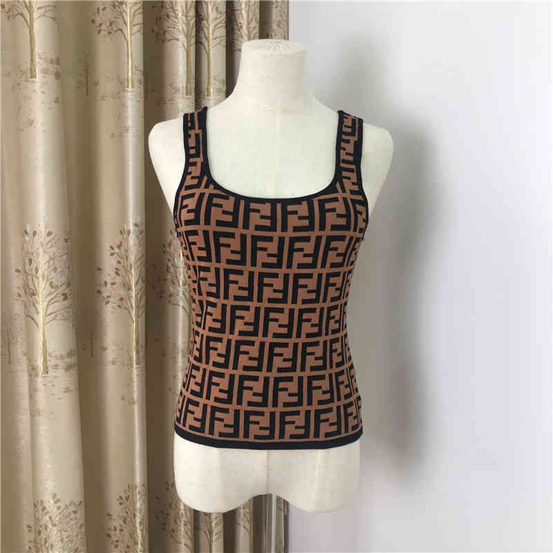 

Wholesale custom 70% OFF spring and summer new U-neck letter jacquard knit slim sling vest age reducing top women' fashion, Dark khaki