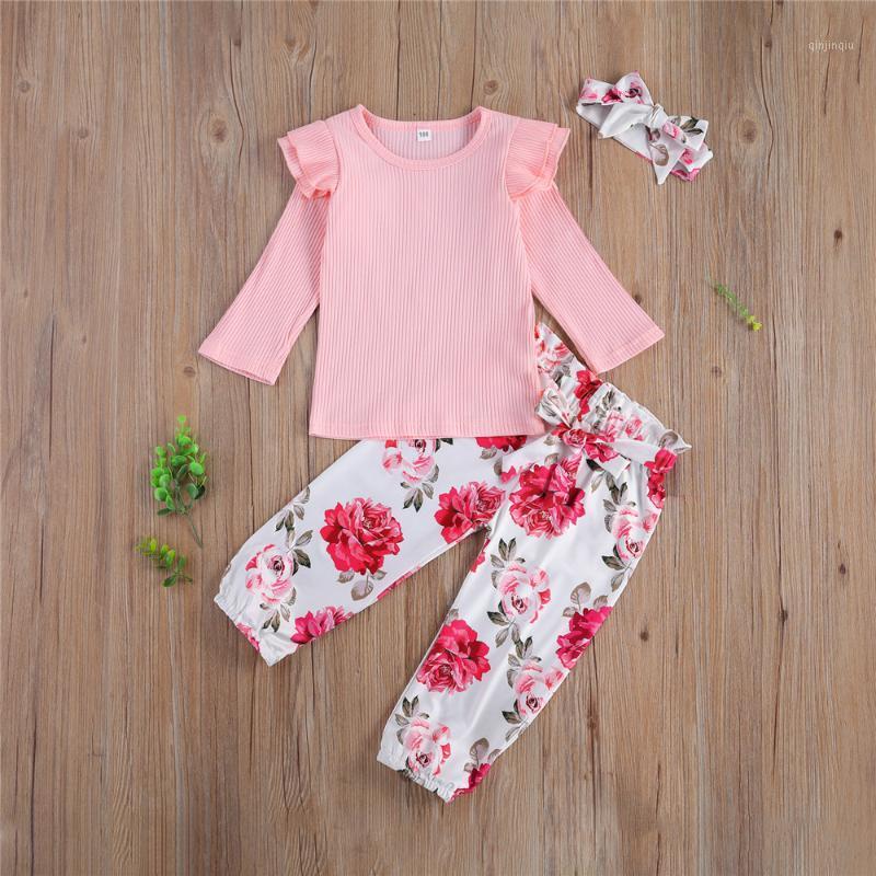 

Clothing Sets WenaZao Infant Toddler Baby Girls 3 Pcs Outfits Ruffle Long Sleeve Round Neck Top Elastic Floral Pant Bowknot Headband, White