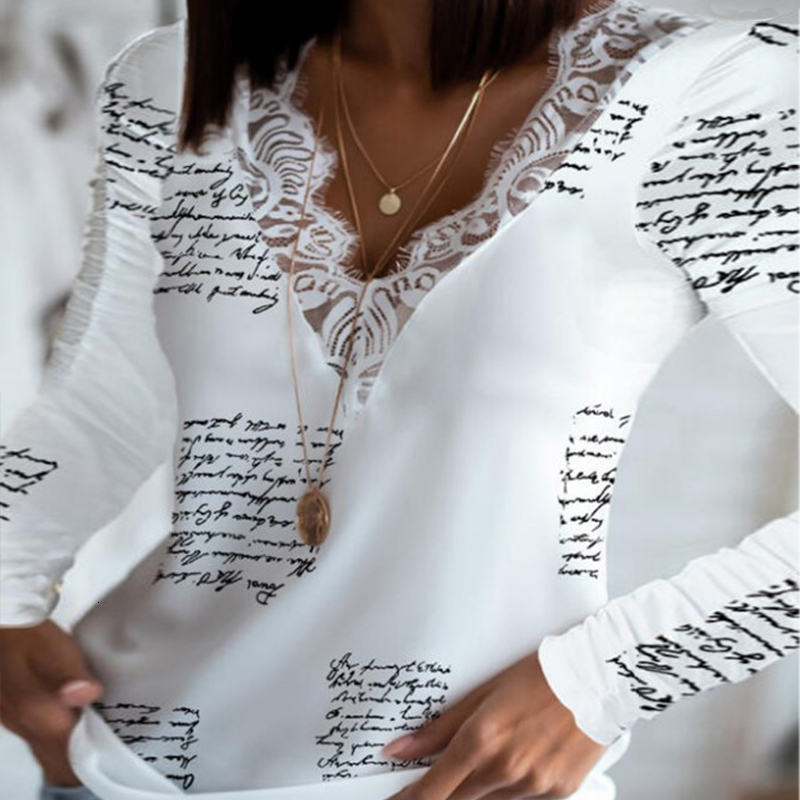

2021 New Women Spring Lace Patchwork Letter Print Shirt Casual v Neck Long Sleeve Pullover Female Office Lady Slim Blouses Tops 1dz4, Black