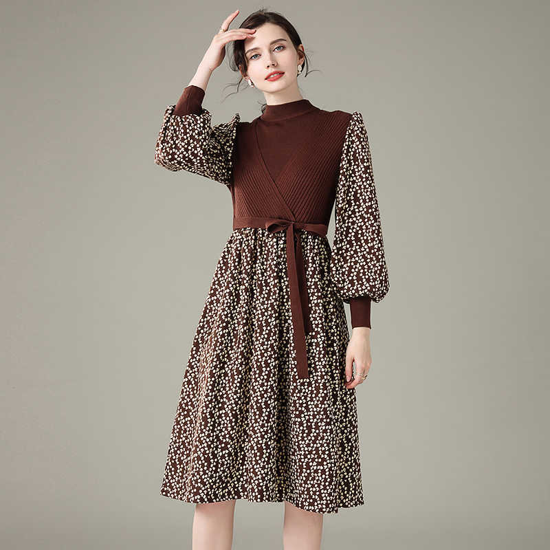 

Elegant Women Knitted Patchwork Corduroy floral Lantern Sleeve Dress Autumn Fashion Ladies Leisure Dresses Vestidos 210525, Brown