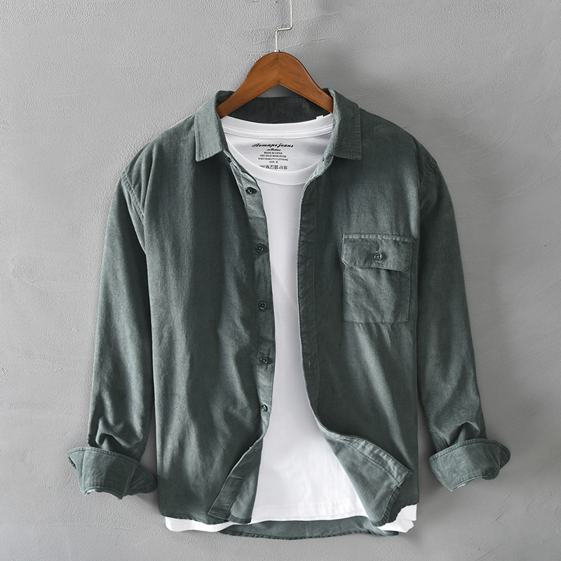 

2021 New Newly Designer Fashion Men Shirts High Quality Multi Colors Long Sleeve Casual Cotton Corduroy Shirt Camisas Hombre Rv7m, Army green