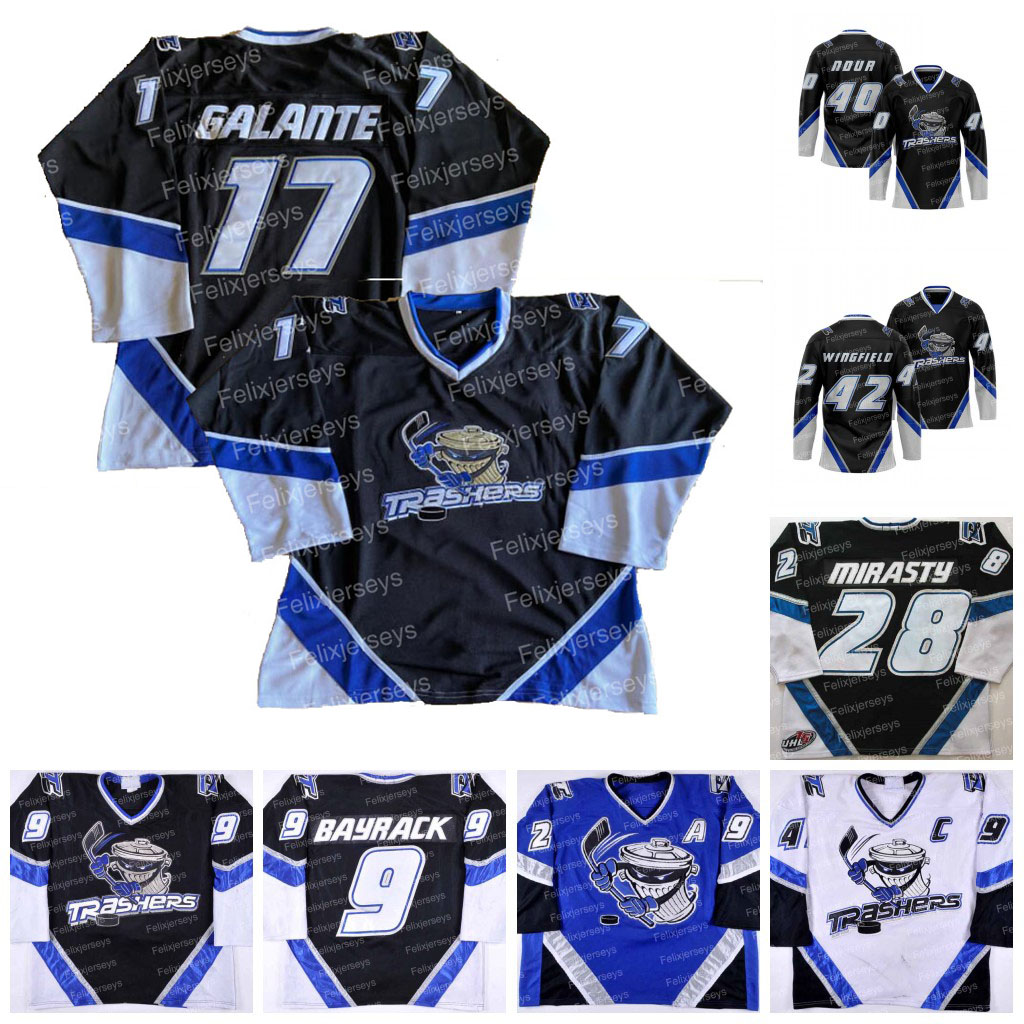 

15-year UHL Danbury Trashers 2004-05 Jersey GALANTE Brad Wingfield Brent Gretzky (C) Scott Stirling (A) Mike Rupp Rumun Ndur Bayrack Jon Mirasty Regan Kelly Luke Sellars, White mens s-xxxl