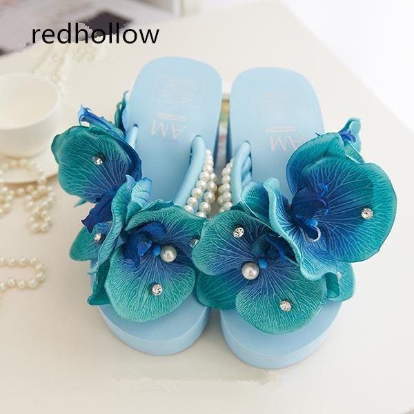 

Slippers 2021 Sweet Women Sandals Wedges High Heels Flower Girls Shoes Woman Summer Platform Buckle Blue, Black