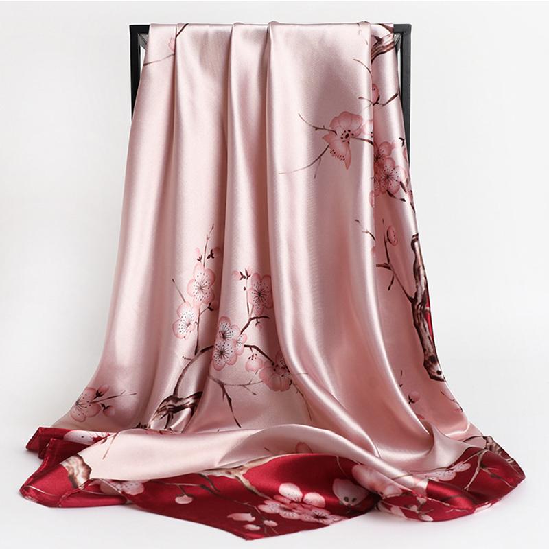 

scarves four seasons print satin headcloth style flower kerchief luxury square big shawls fashion sunscreen 90x90cm silk, Blue;gray