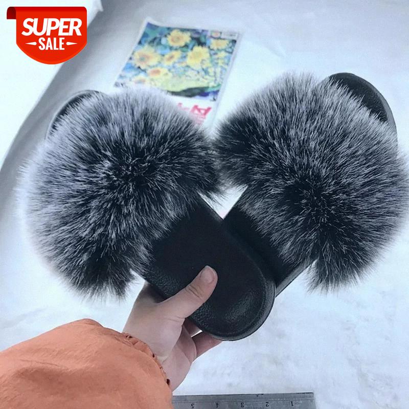 

Puimentua Dropship Fur Slides Women Furry Fox Fur Sandals For Woman Female Indoor Outdoor Shoes Fluffy Plush With Slippers #3v9y, Black