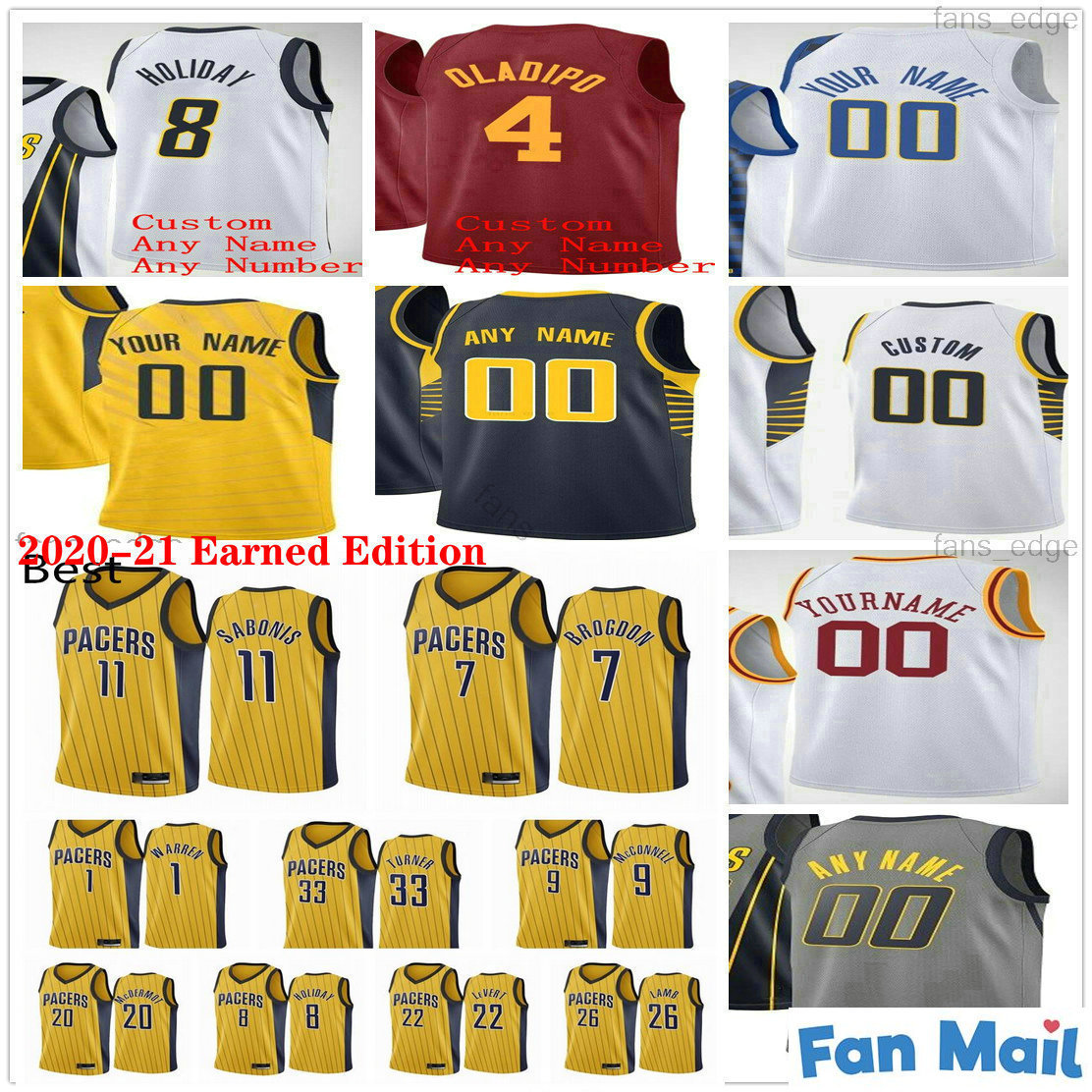 

Custom Printed 2020-21 Earned Edition Yellow Indiana Domantas 11 Sabonis 7 Brogdon Pacers Myles Turner Caris LeVert Men Woman Kids Jerseys, As picture