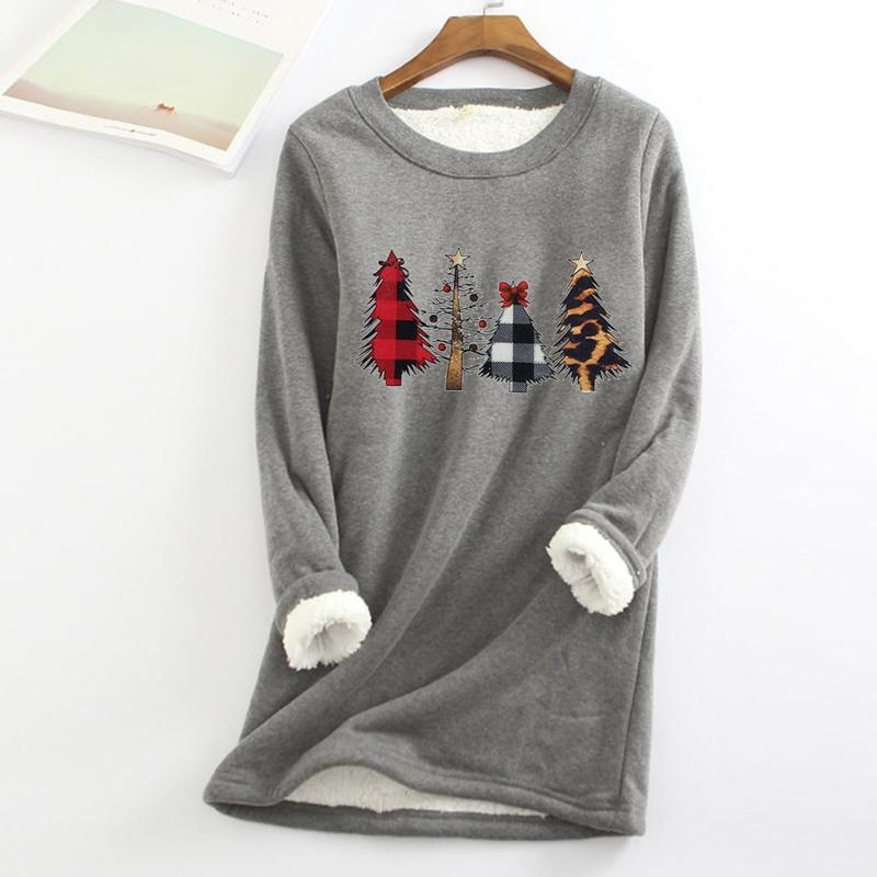 

Women's Sweaters Women Fleece Sweatshirt Christmas Print Gray Autumn And Winter Velvet Warm O-neck Top Female Casual Blouse, White;black