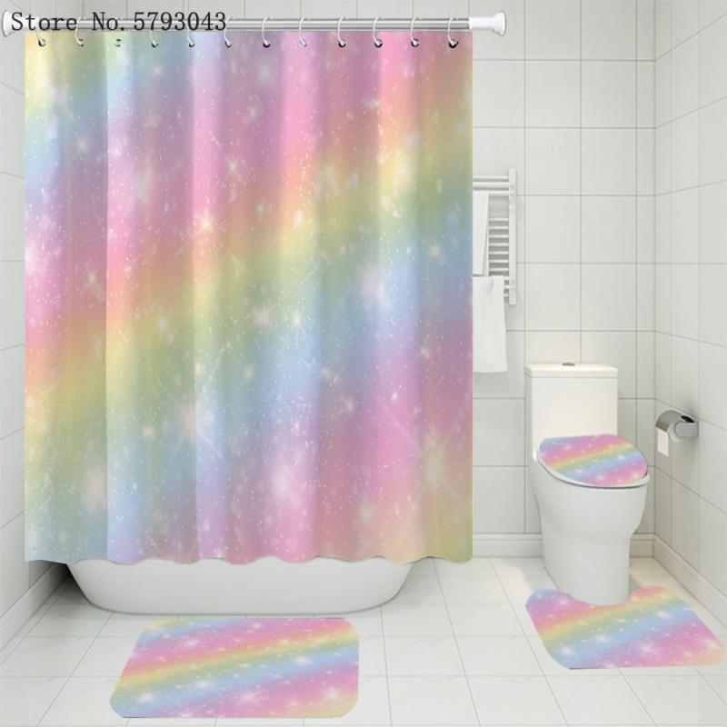 

3/4 Pieces Cartoon Rainbow Shower Curtains Sets Colorful Carpet Toilet 3D Print Home Textile Waterproof Bathroom Set Decor