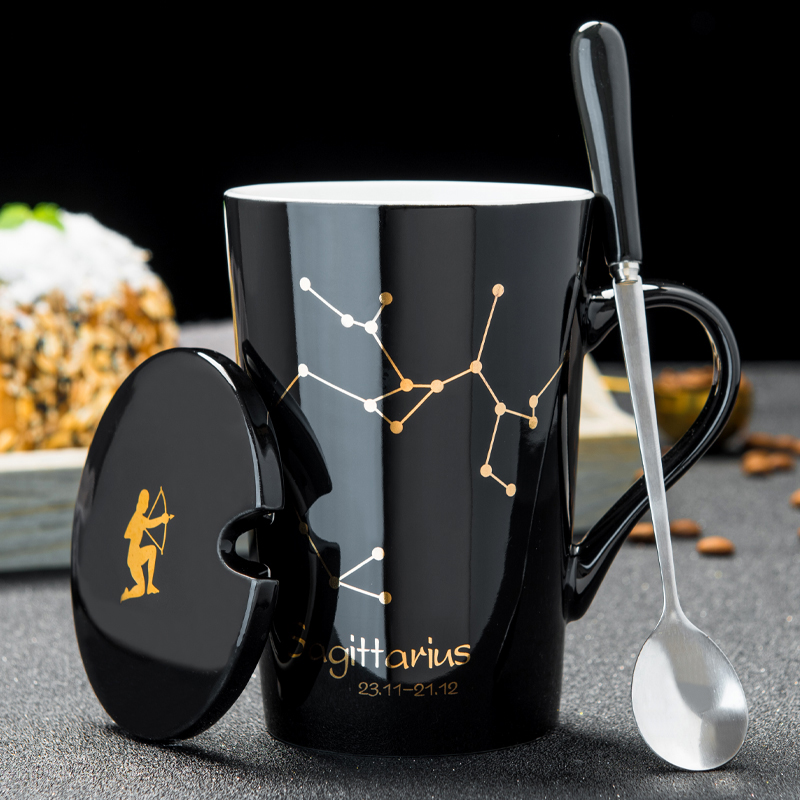 

Ceramic Mugs 12 Constellations Creative goblet with Spoon Lid Black and Gold Porcelain Zodiac Milk Coffee Cup Drinkware