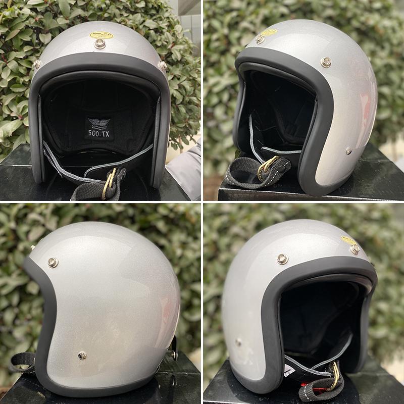 

Motorcycle Helmets Vintage Retro Geniune&CO Helmet 500TX 3/4 Open Face Japan No Mushroon Head Light Weight Fiberglass Shell, Silver color